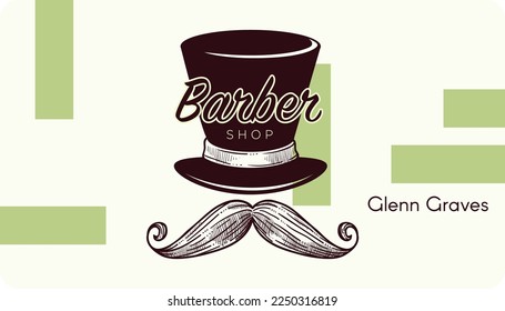 Hairstyle and barber shop service for men, specialist name on piece of paper. Monochrome sketch outline of top hat and old school mustaches. Business card with logotype, vector in flat style