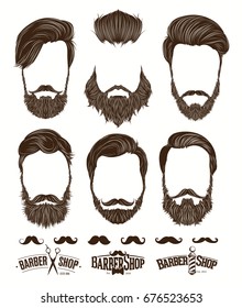 Hairstyle and beard hipster fashion, Barbershop Emblems set vector illustrations