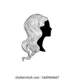 Hairstyle beauty salon banner. Woman with beautiful hair. Girl profile silhouette with long hair over white background.