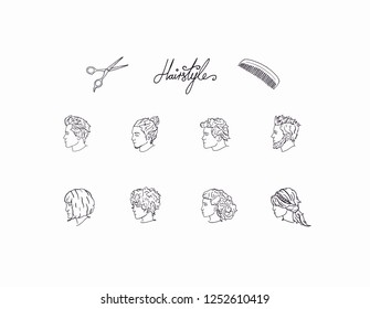 Hairstyle black outline cartoon simple graphic illustration for all types of people. Female and male haircut styles silhouette vector design set collection. Original and different letters hairstyle.