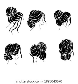 Hairstyle Bun Set Of Silhouettes, Elegant Womens Hairstyles For Hair Of Various Lengths Vector Illustration