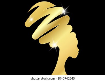 hairstyle concept with beautiful girl, black women vector silhouette. Design concept for beauty salons, spa, template brochure, cosmetics, fashion and beauty industry. Gold luxury Logo beauty woman 