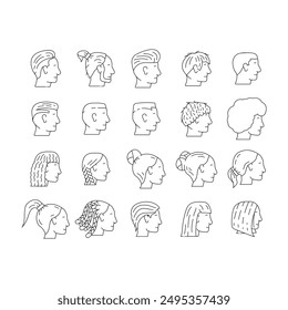 hairstyle face, hair girl woman icons set vector. haircut fashion, female model style, beauty salon, beautiful glamour portrait makeup hairstyle face, hair girl woman black contour illustrations