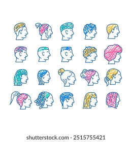 hairstyle face, hair girl woman doodle icons set vector. sketch line art haircut fashion, female model style, beauty salon, beautiful glamour portrait hairstyle face, girl woman color illustrations