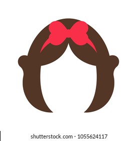 Hairstyle of fairy-tale character, woman wig periwig slightly curly hair with bow of pink color as decorative element, isolated on vector illustration