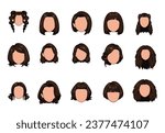 Hairstyle Female modern fashion for assortment. long hair woman, short hair girl, curly hair salon hairstyles and trendy haircut young. Vector icon set isolated on white background.