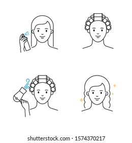 Hairstyle with hair curlers vector icons