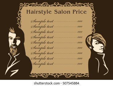 Hairstyle Hair Salon Price. Vector Fashion Hand Drawn Portrait Woman And Beard Man Face Silhouette. Beauty Illustration Old Vintage Design Menu.