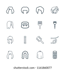 Hairstyle icon. collection of 16 hairstyle outline icons such as barber brush, hair curler, hair brush, hairdresser peignoir. editable hairstyle icons for web and mobile.