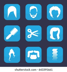 Hairstyle icon. set of 9 filled hairstyle icons such as hair brush, curly hair