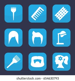 Hairstyle icon. set of 9 filled hairstyle icons such as barber brush, salon hair dryer, hair curler, woman face with flower in hair, comb