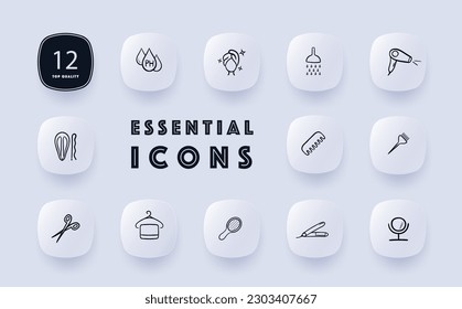 Hairstyle icon set. Hair styling, hairdo, hair design, fashion, personal expression. Grooming. Neomorphism style. Vector line icon for Business and Advertising