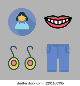 hairstyle icon set. vector set about girl, smile, earrings and shorts icons set.
