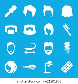 Hairstyle icons set. set of 16 hairstyle filled icons such as hair brush, salon hair dryer