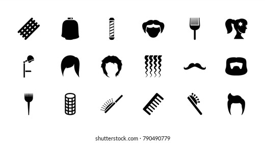 Hairstyle icons. set of 18 editable filled hairstyle icons: barber brush, hair curler, hair brush, comb, mustache, salon hair dryer, hairdresser peignoir