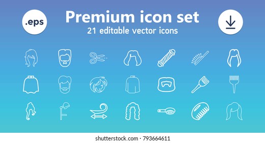 Hairstyle icons. set of 21 editable outline hairstyle icons includes comb, hair brush, hairdresser peignoir, hair curler, curly hair, coloring brush, barber brush
