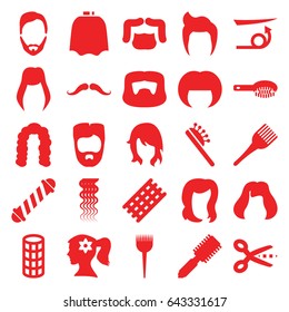 Hairstyle icons set. set of 25 hairstyle filled icons such as mustache, barber brush, hair brush, hairdresser peignoir, hair curler, straight hair, coloring brush