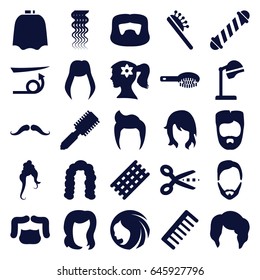 Hairstyle icons set. set of 25 hairstyle filled icons such as mustache, hair brush, salon hair dryer, hairdresser peignoir, hair curler, comb