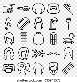 Hairstyle icons set. set of 25 hairstyle outline icons such as comb, mustache, barber brush, hair brush, salon hair dryer, hairdresser peignoir, curly hair