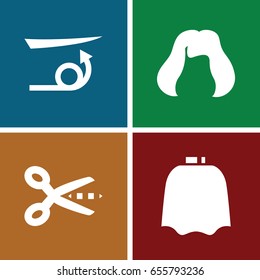 Hairstyle icons set. set of 4 hairstyle filled icons such as hairdresser peignoir, straight hair, hairstyle