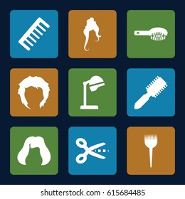 Hairstyle icons set. set of 9 hairstyle filled icons such as barber brush, hair brush, salon hair dryer, comb