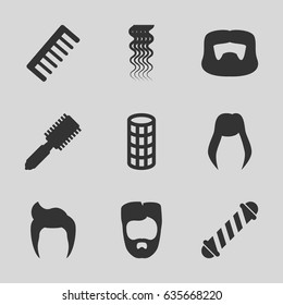Hairstyle icons set. set of 9 hairstyle filled icons such as hair brush, hair curler, curly hair