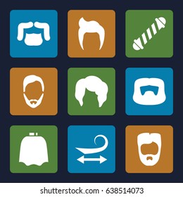 Hairstyle icons set. set of 9 hairstyle filled icons such as hairdresser peignoir, hair curler