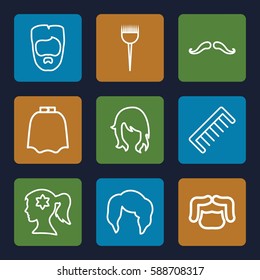 hairstyle icons set. Set of 9 hairstyle outline icons such as mustache, barber brush, hairdresser peignoir, woman face with flower in hair