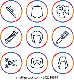 Hairstyle icons set. set of 9 hairstyle outline icons such as hair brush, hairdresser peignoir, hair curler, woman face with flower in hair
