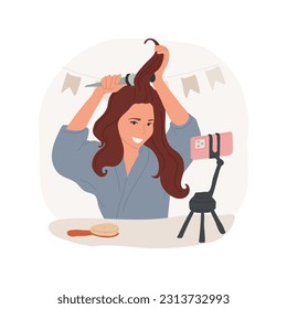 Hairstyle isolated cartoon vector illustration. Pretty teenage girl smiling at camera, holding brush, filming hair styling tips, digital lifestyle, content creation, beauty blog vector cartoon.