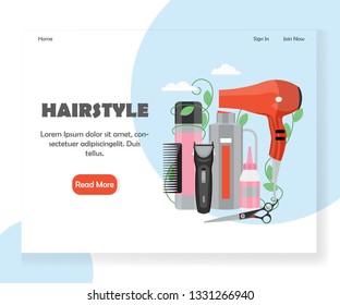 Hairstyle landing page template. Vector flat style design concept for hair and beauty salon website and mobile site development. Comb, hairdryer, scissors, hair clipper, other hairdressing accessories