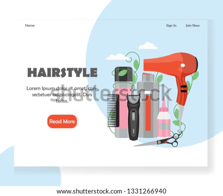 Hairstyle landing page template. Vector flat style design concept for hair and beauty salon website and mobile site development. Comb, hairdryer, scissors, hair clipper, other hairdressing accessories