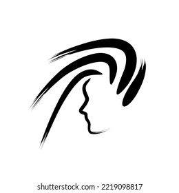 hairstyle logo. lush hair icon. beauty salon emblem. girl face in profile. brush drawing isolate. vector flat style illustration