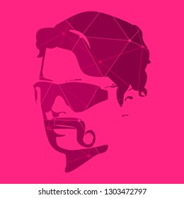 Hairstyle and mustache. Gentlmen haircuts and shaves. Portrait of a man wearing sunglasses. Textured by lines and dots pattern