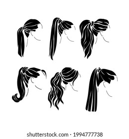 Hairstyle ponytail silhouettes set, options for trendy female hairstyles vector illustration