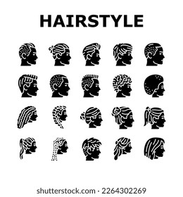 hairstyle portrait hair fashion icons set vector. beauty head, haircut face, style person, hipster female, people girl, male young hairstyle portrait hair fashion glyph pictogram Illustrations