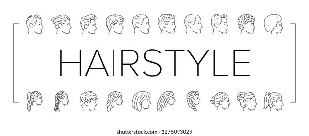 hairstyle portrait hair fashion icons set vector. beauty head, haircut face, style person, hipster female, people girl, male young hairstyle portrait hair fashion black contour illustrations