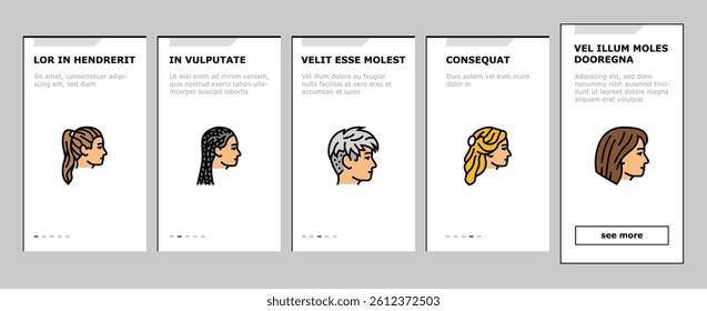 hairstyle portrait hair fashion onboarding mobile vector. beauty head, haircut face, style person, hipster female, people girl, male young hairstyle portrait hair fashion Illustration