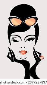 Hairstyle salon, beauty studio, fashion illustration. Beautiful woman portrait with retro hair bun and elegant makeup. Face silhouette. Cosmetics and spa logo. Elegant style young lady.