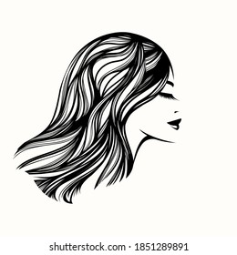 Hairstyle salon and beauty studio illustration.Long, wavy hair woman with elegant makeup.Shampoo,cosmetics and spa icon.Young lady.Beautiful model face.Luxury,glamour style.