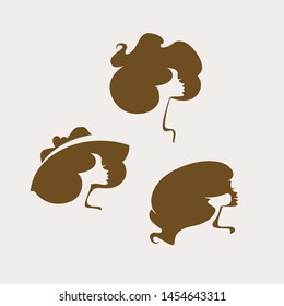 Hairstyle. Set of three silhouettes of female vector heads. Woman in a wide brimmed hat. Fashionable. Vector template hair salon.