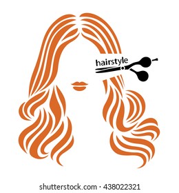 Hairstyle sign. Beautiful woman having her hair cut by hairdresser scissors. Vector illustration.