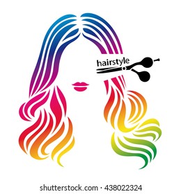 Hairstyle sign. Beautiful woman having her hair cut by hairdresser scissors. Vector illustration.