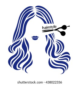 Hairstyle sign. Beautiful woman having her hair cut by hairdresser scissors. Vector illustration.