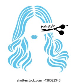 Hairstyle sign. Beautiful woman having her hair cut by hairdresser scissors. Vector illustration.