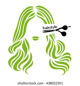 Hairstyle sign. Beautiful woman having her hair cut by hairdresser scissors. Vector illustration.