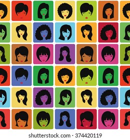 Hairstyle silhouette seamless pattern.Woman,girl,female hair icon.Beauty vector.Different flat fashion look background,retro.Various haircut,styling.Fashion vector,image,look,pop art