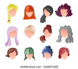 Hairstyle silhouette set. Woman, girl, female hair, face. Beauty Vector, flat avatars. Beautiful hair styles icon, fashion look set. Different color, haircut, styling