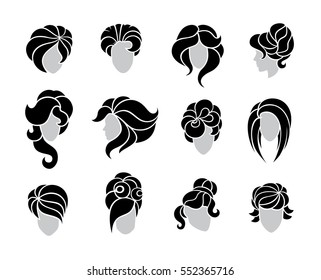 Hairstyle silhouette set. Woman, girl, female hair. Vector flat icons. Various hair, haircut, styling. Fashion vector, image, look, salon logo.  