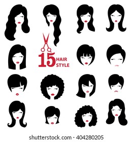 Hairstyle silhouette set.Woman,girl,female face,hair.Beauty Vector,flat black icon.Beautiful  style,avatar,girl fashion look.Haircut,styling.Flat icon,girl face.Fashion vector,image,salon logo,symbol